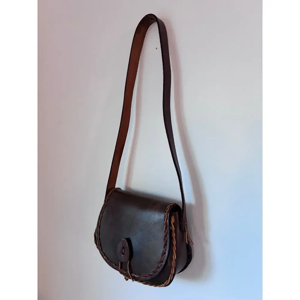 Vintage Handmade Brown Leather Saddle Bag Crossbody | Boho Western Artisan Purse - Picture 2 of 16